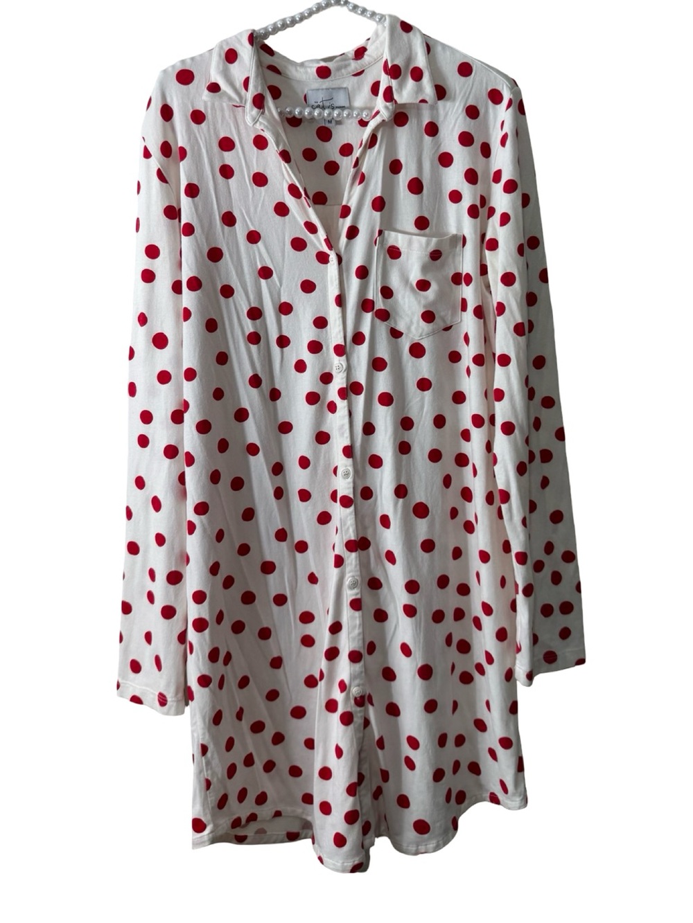 The Cat's Pajamas Sleep Shirt Nightgown Medium Button Front Polkadot Red & White